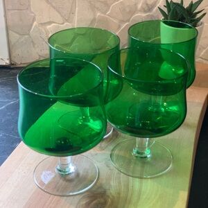 VINTAGE GREEN GLASS STEMMED GLASSES | Set of 4 | Green Bowl, Clear Stem